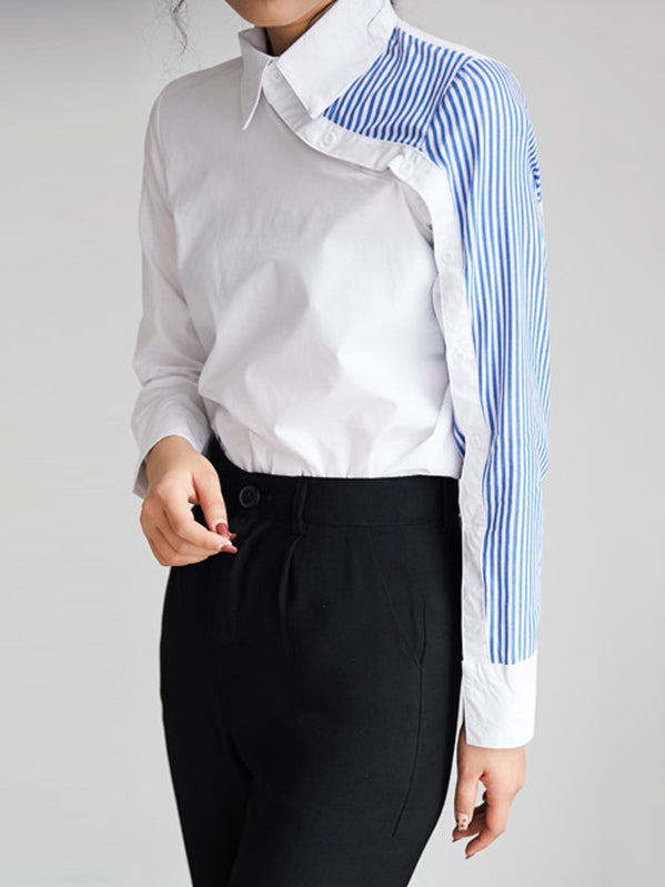 Long Sleeves Irregularity Striped Solid Contrast Color Lapel Collar Blouses