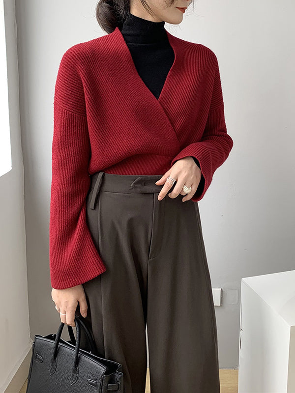 Asymmetric Solid Color Long Sleeves V-Neck Sweater Pullovers Knitwear
