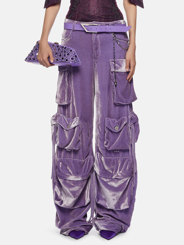 No Belt Pockets Solid Color High Waisted Loose Trousers Pants