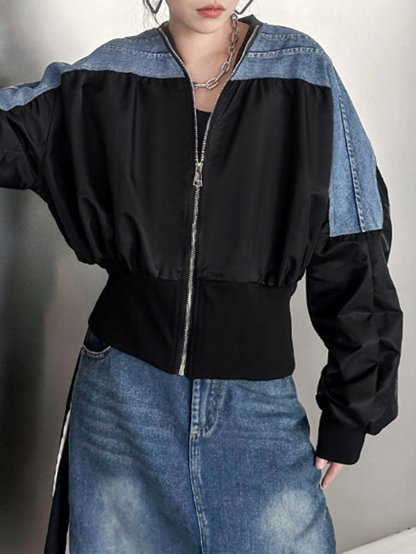 Pleated Split-Joint Zipper Long Sleeves Loose V-neck Outerwear Jackets