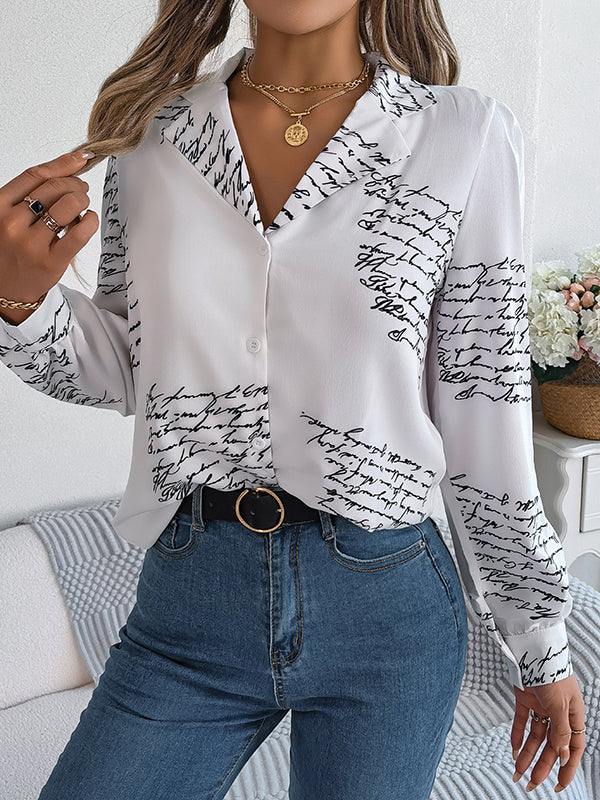 Buttoned Letter Print Long Sleeves Loose Notched Collar Blouses&Shirts Tops