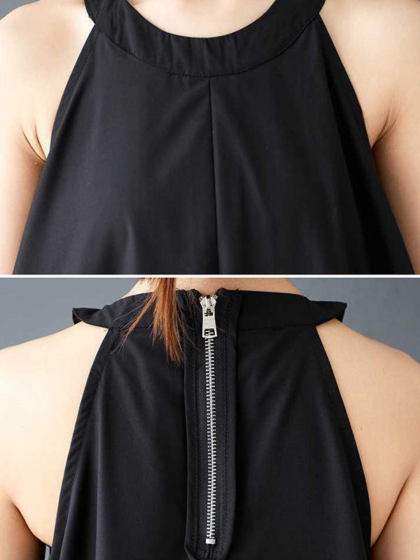Drawstring Pleated Pockets Solid Color Zipper A-Line Loose Spaghetti-Neck Midi Dresses