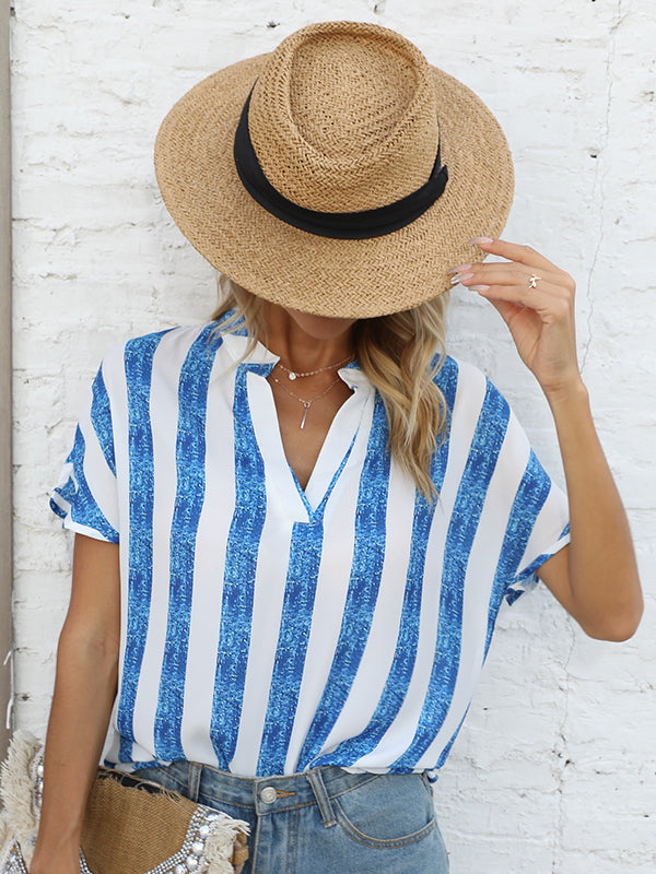 Striped Batwing Sleeves Loose Stand Collar T-Shirts Tops
