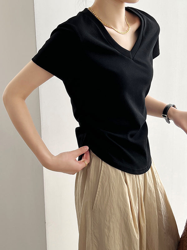 Solid Color Irregular clipping Short Sleeves V-neck T-Shirts Tops