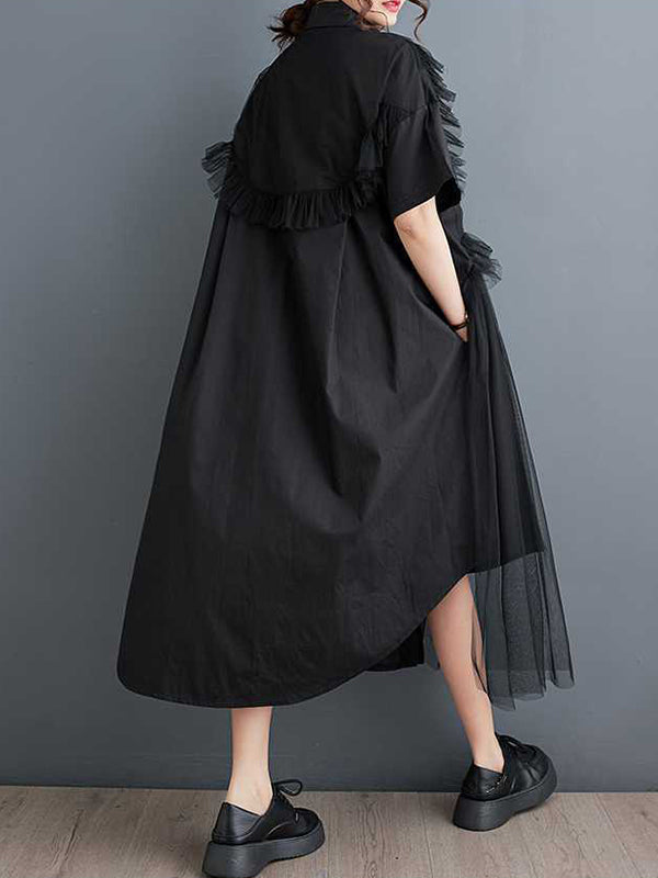 Asymmetric Buttoned Ruffled Solid Color Split-Joint A-Line Half Sleeves Lapel Shirt Dress Midi Dresses
