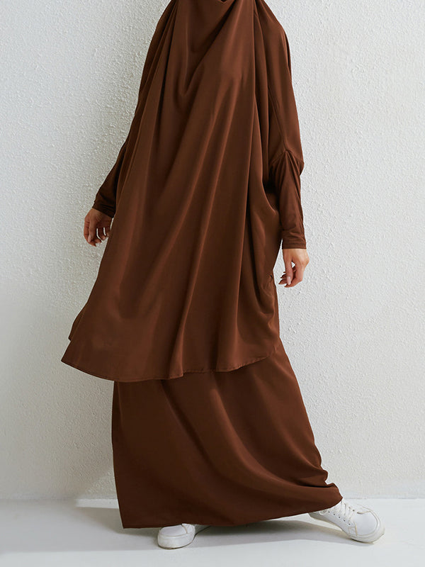 Solid Color Batwing Sleeves Long Sleeves Muslim High Neck Shirts Top + Skirts Bottom Two Pieces Set