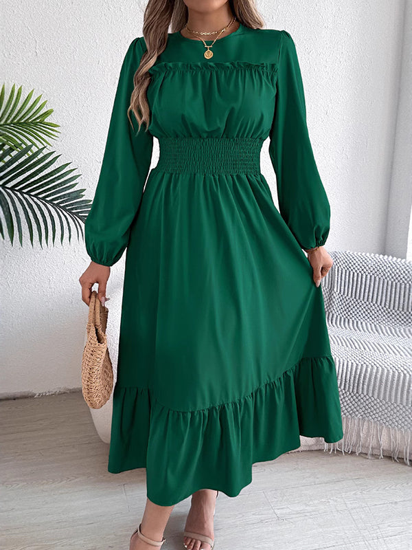 Pleated Solid Color A-Line Elasticated Waist Round-Neck Maxi Dresses