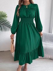 Pleated Solid Color A-Line Elasticated Waist Round-Neck Maxi Dresses