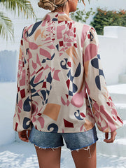 Elasticity Printed Tied Bishop Sleeve Long Sleeves V-Neck Blouses&Shirts Tops