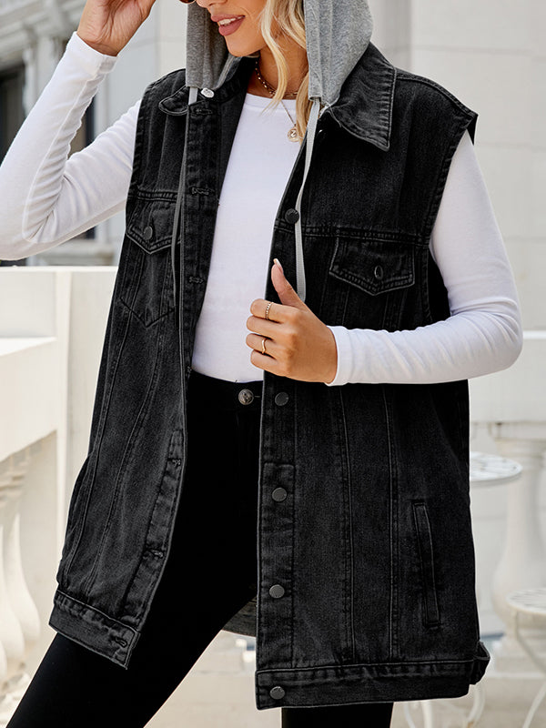 Buttoned Detachable Drawstring Hooded Pockets Split-Joint Loose Sleeveless Polo Vest Outerwear