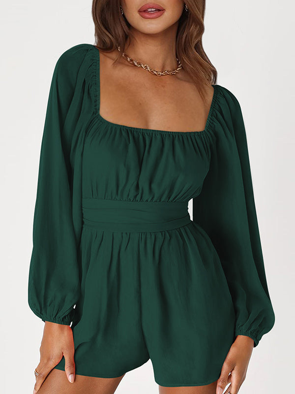Backless Elasticity Solid Color Tied High Waisted Long Sleeves Square-Neck Rompers