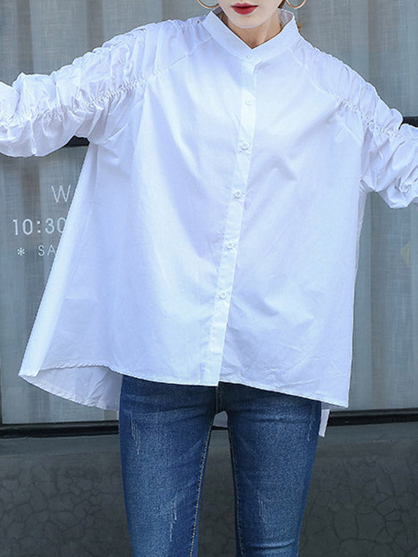 Elasticity Pleated Solid Color Split-Joint High-Low Long Sleeves Round-Neck Blouses