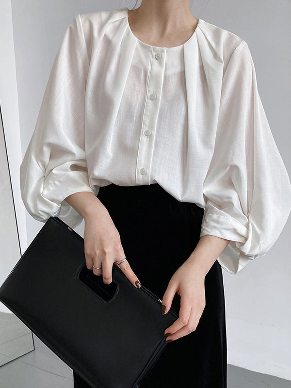 Pleated See-Through Solid Color Split-Joint High-Low Loose Round-Neck Blouses