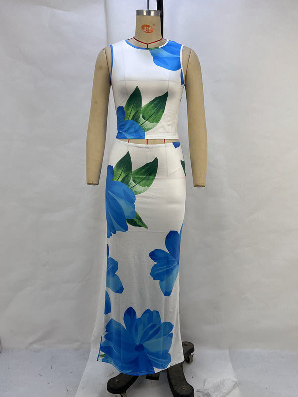 Round-Neck Sleeveless Flower Print Vest Top + Bodycon Skirts Bottom Two Pieces Set