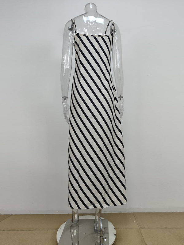Striped High Waisted Loose Spaghetti-Neck Maxi Dresses
