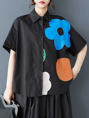 Buttoned Flower Print Loose Short Sleeves Lapel Blouses&Shirts Tops