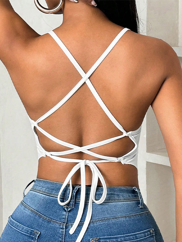 Backless Pleated Solid Color Tied Loose Sleeveless Deep V-Neck Vest Top