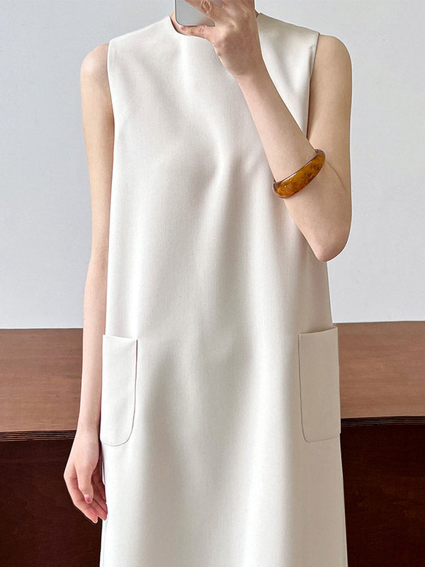 Pockets Solid Color Split-Back Zipper High Waisted Loose Round-Neck Midi Dresses