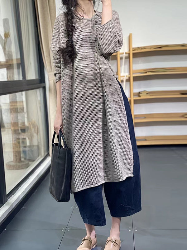 Asymmetric Hollow Split-side Long Sleeves Loose Round-neck Sweater Tops