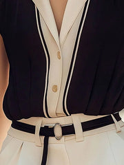 Buttoned Contrast Color Loose Sleeveless Notched Collar Blouses&Shirts Tops
