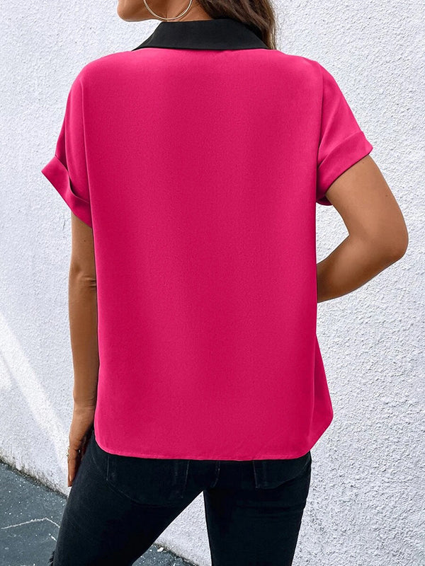 Contrast Color Loose Short Sleeves V-neck T-Shirts Tops