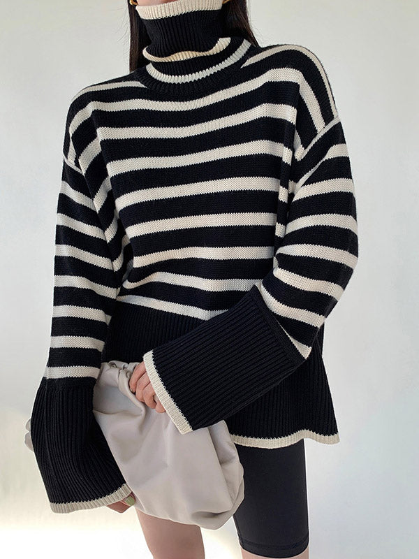 Contrast Color Pleated Split-Joint Split-Side Striped Patterns Long Sleeves Loose High Neck Sweater Tops