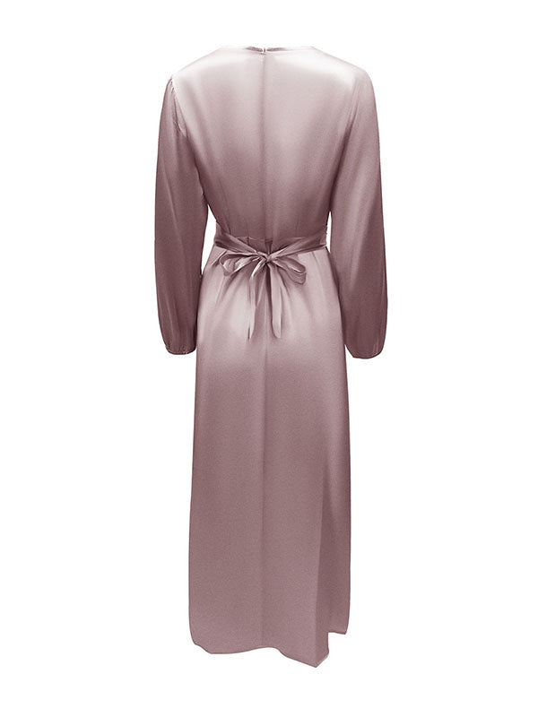 High-Waisted Solid Color Tied Waist Zipper Wrap Round-neck Maxi Dresses