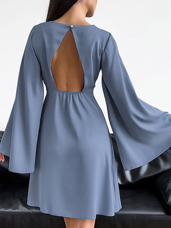 Solid Color A-Line Flared Sleeves Round-Neck Mini Dresses