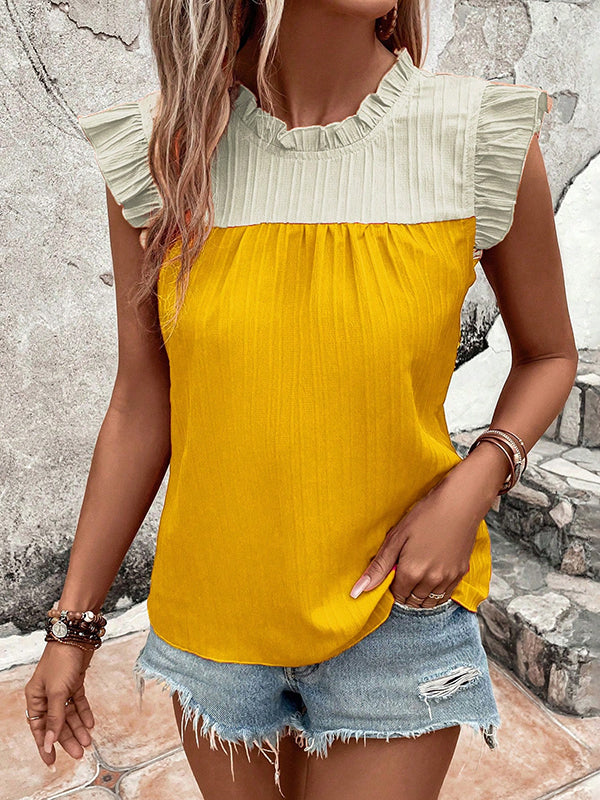 Contrast Color Pleated Ruffled Split-Joint Flying Sleeves Loose Round-neck Vest Top