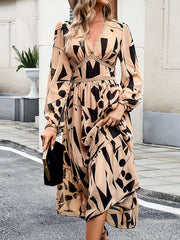 Mesh Printed Split-Joint A-Line High Waisted Deep V-Neck Midi Dresses