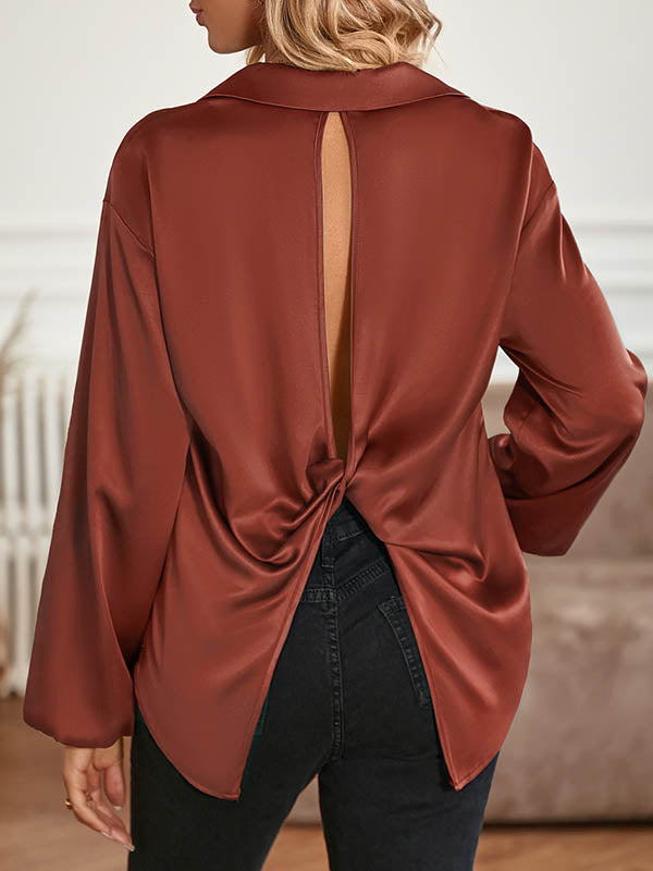 Backless Elasticity Hollow Knot Solid Color High-low Long Sleeves V-neck T-Shirts Tops