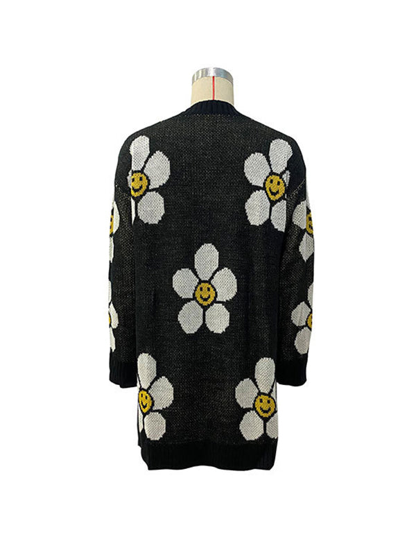 Contrast Color Knitted Flower Loose Wrap Cardigan Tops