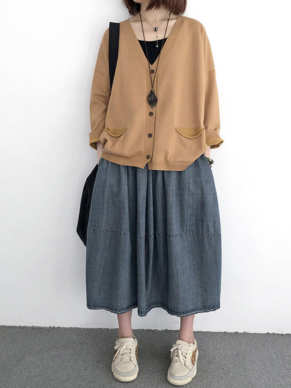 Artistic Retro Solid Color Buttoned V-Neck Long Sleeves Cardigan Top
