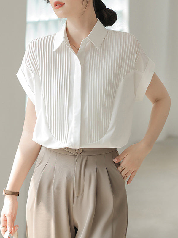 Buttoned Pleated Solid Color Split-Joint Loose Short Sleeves Lapel Blouses&Shirts Tops