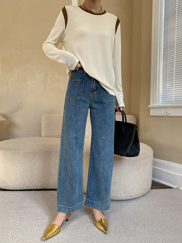 Casual High Waisted Wide Leg Solid Color Jean Pants Bottoms