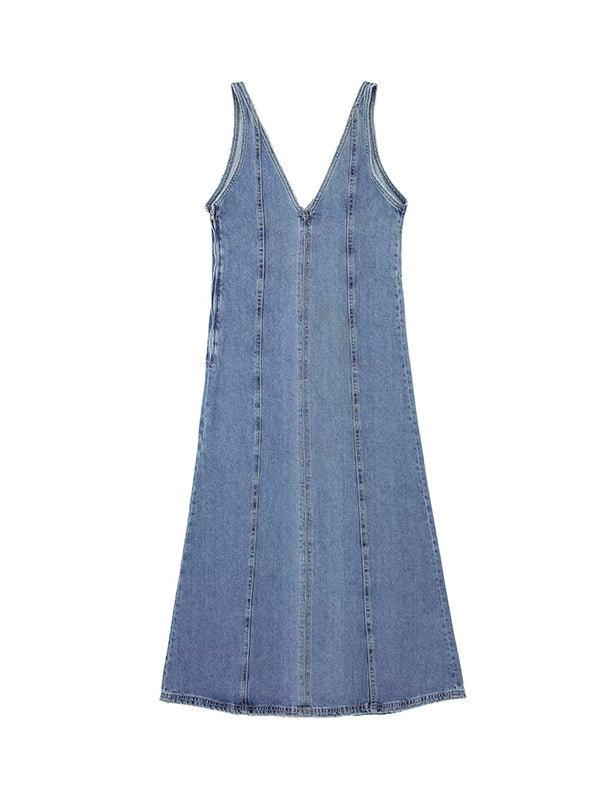 Split-Joint Sleeveless V-Neck Midi Dresses