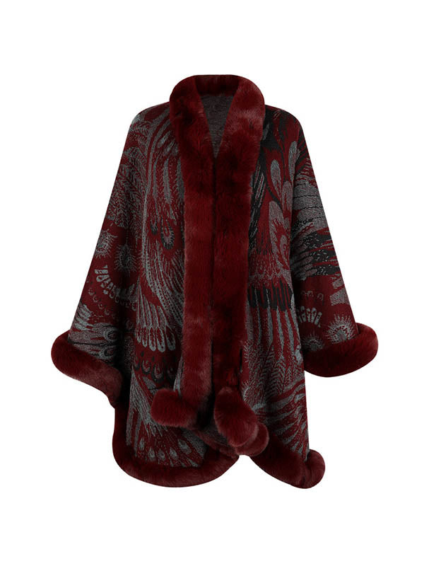Jacquard Keep Warm Velvet Long Sleeves Loose Collarless Shawl Cape