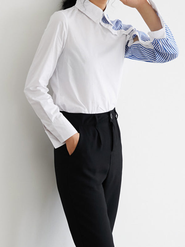 Long Sleeves Irregularity Striped Solid Contrast Color Lapel Collar Blouses