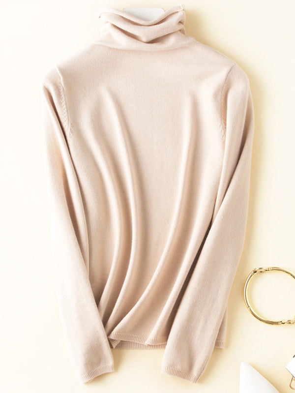 Casual Skinny Long Sleeves Solid Color Heaps Collar Sweater Tops Pullovers