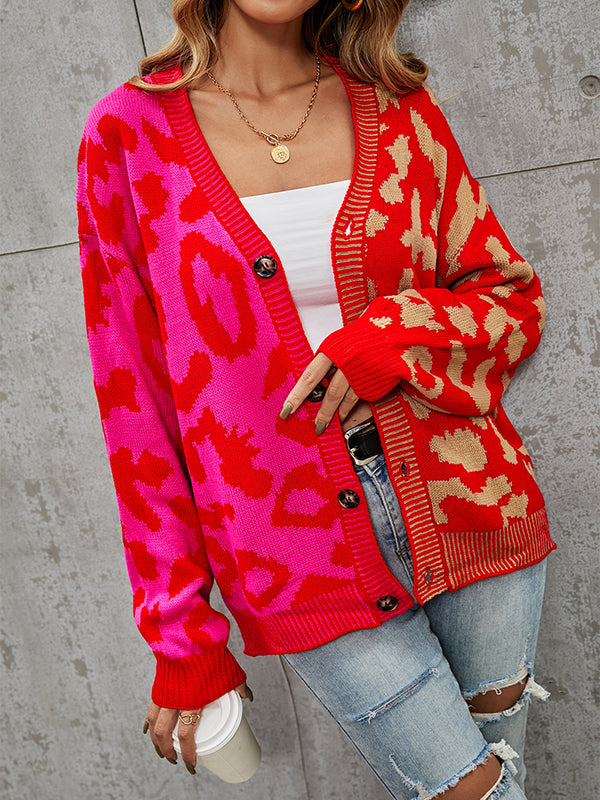 Buttoned Leopard Split-Joint Long Sleeves Loose V-Neck Cardigan Tops