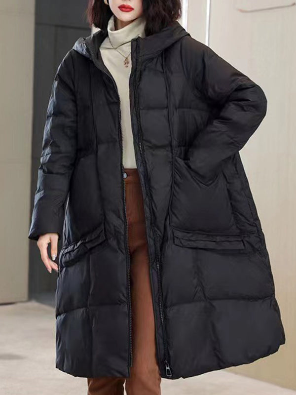Pockets Solid Color Split-Joint Long Sleeves Loose Hooded Down Coat