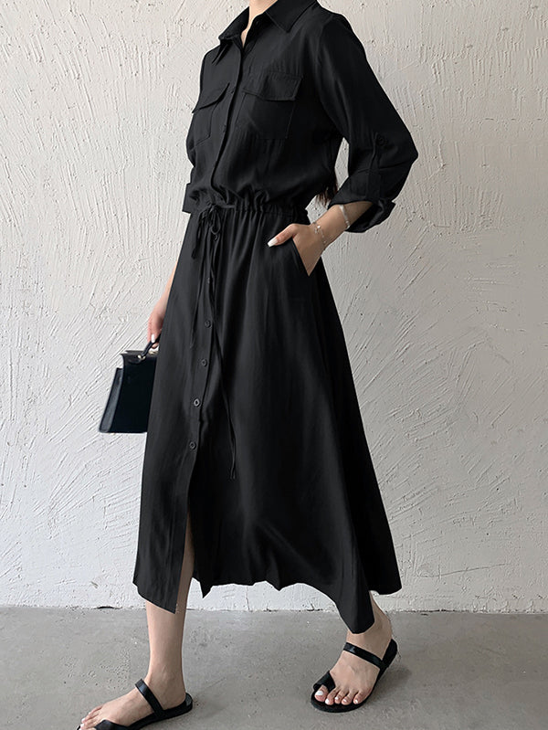 Casual A-Line Long Sleeves Bandage Solid Color Lapel Collar Shirt Midi Dresses