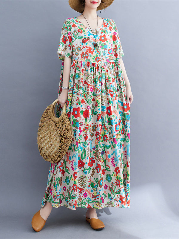 Pleated Printed Split-Joint Loose Short Sleeves Round-Neck Midi Dresses