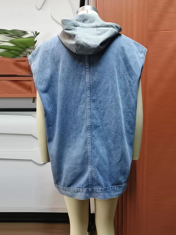 Buttoned Detachable Hooded Pockets Split-Joint Loose Sleeveless Lapel Collar Vest Outerwear