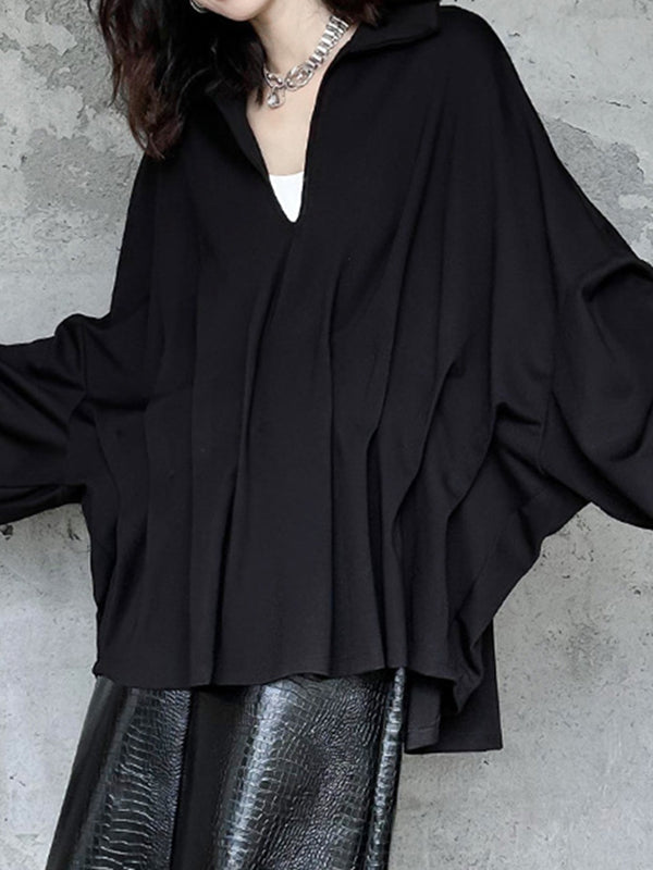 Pleated Solid Color Batwing Sleeves Long Sleeves Deep V-Neck Blouses&Shirts Tops