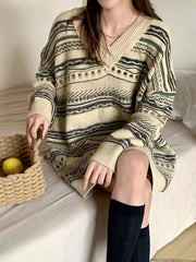 Striped Velvet Long Sleeves Loose V-Neck Sweater Dresses Pullovers