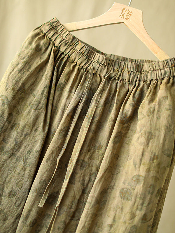 Drawstring Elasticity Floral Printed Loose Skirts