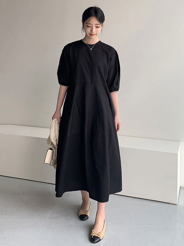 Casual Round-Neck Bishop Sleeve Loose Solid Color Midi Dress