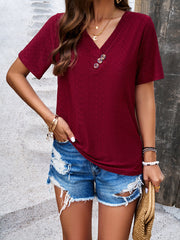 Buttoned Hollow Split-Joint Loose Short Sleeves V-Neck T-Shirts Tops