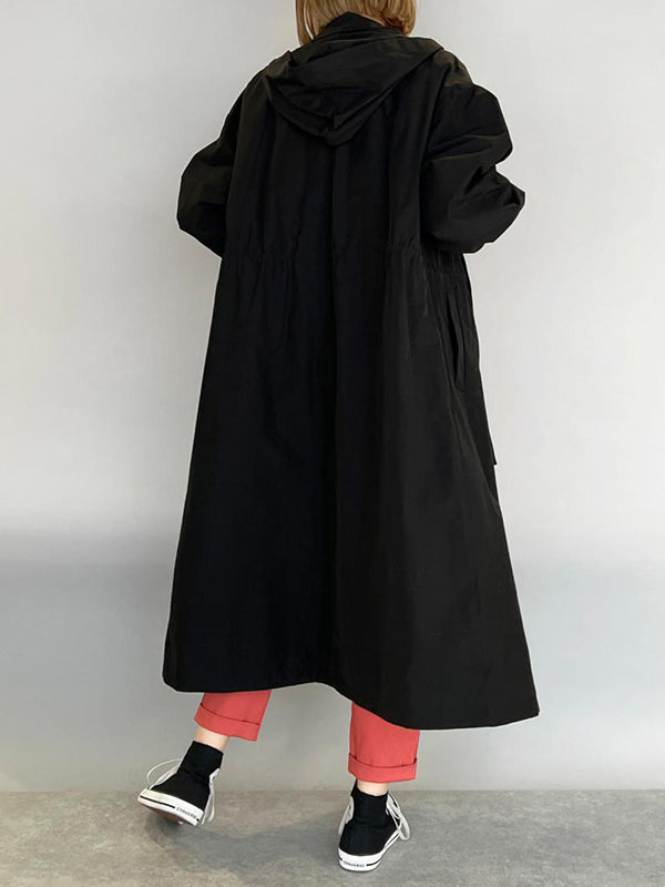 Loose Long Sleeves Drawstring Solid Color Zipper Hooded Trench Coats Outerwear